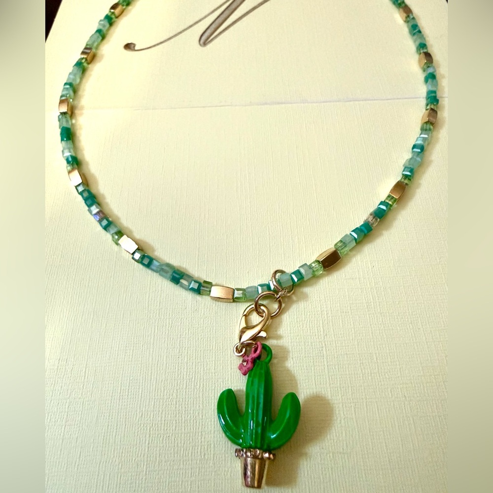 Glass beaded necklace with Removable Cactus Charm- Handmade by Me 📿